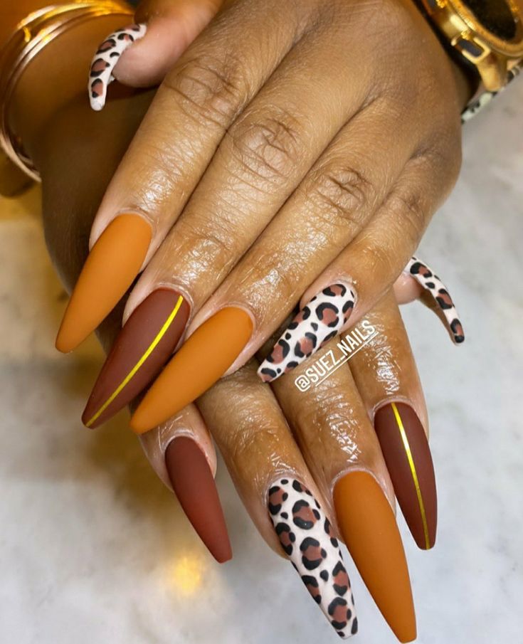 Orange And Cheetah Nails, Orange Cheetah Print Nails, Orange And Animal Print Nails, Orange Nails Leopard, Cheetah Print Nails Fall Orange, Stiletto Cheetah Nails, Nail Desi, Ballerina Acrylic Nails, Feet Nail Design