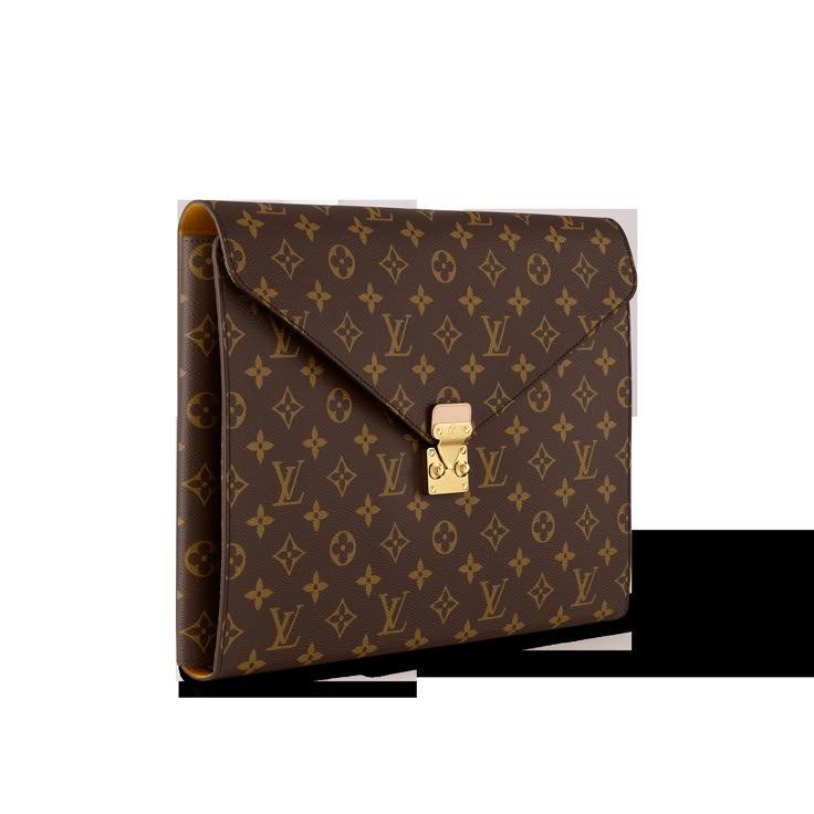 a brown louis vuitton clutch bag with gold hardwares on the front and side