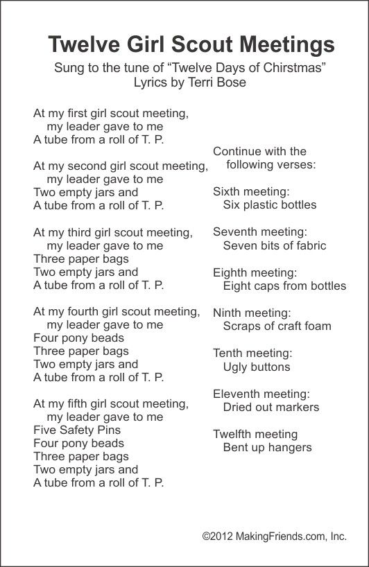 a poem that is written in two languages, with the words twelve girl scout meetings