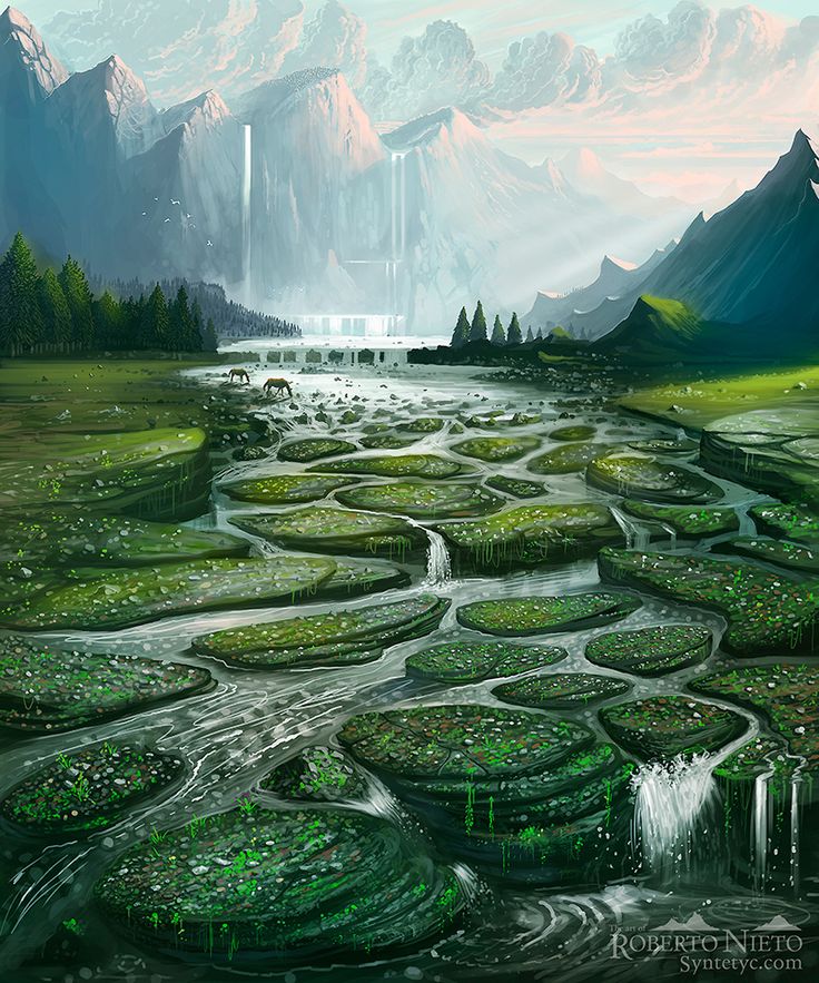 a painting of a river surrounded by green plants and mountains with waterfall in the distance