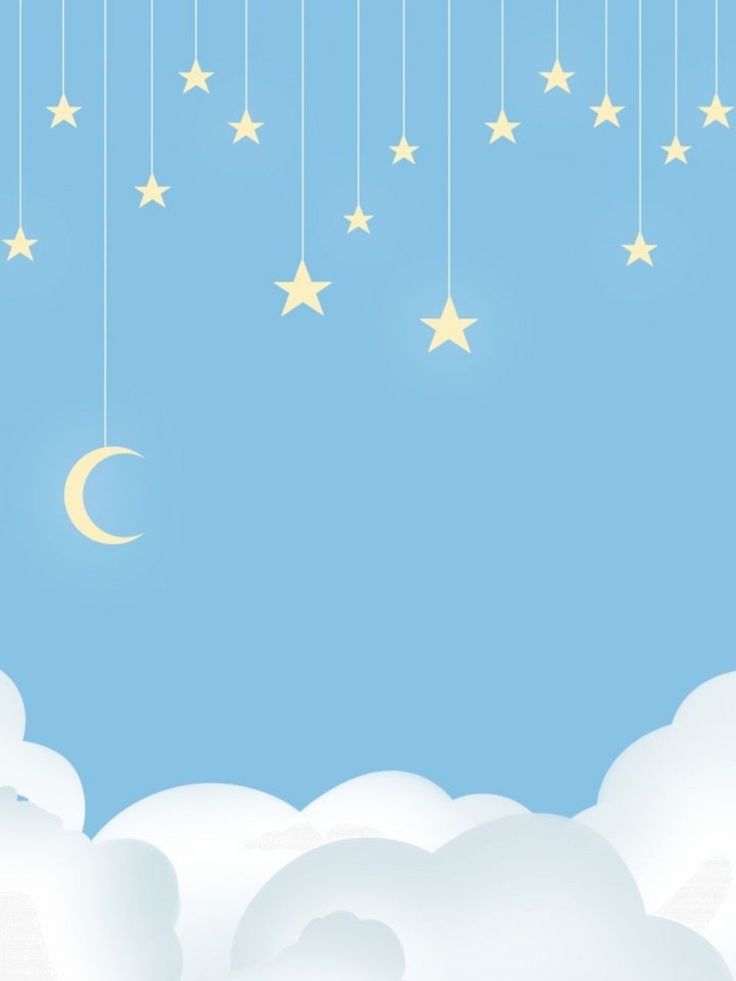 stars and moon hanging from strings in the sky above clouds with blue sky behind them