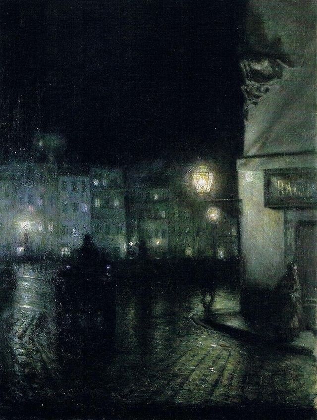 a painting of a city street at night with buildings lit up and people walking on the sidewalk