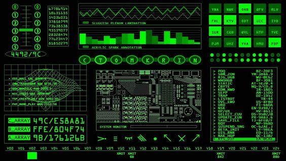 a computer screen with green lights on it and various electronic components in the dark background