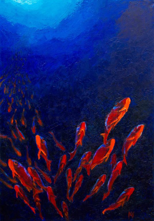 an oil painting of red fish swimming in the ocean