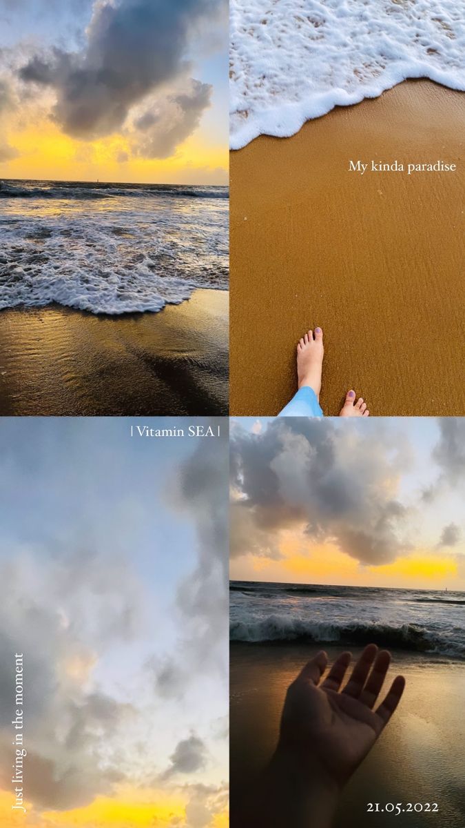 four different pictures with the same person's hand in front of them and clouds