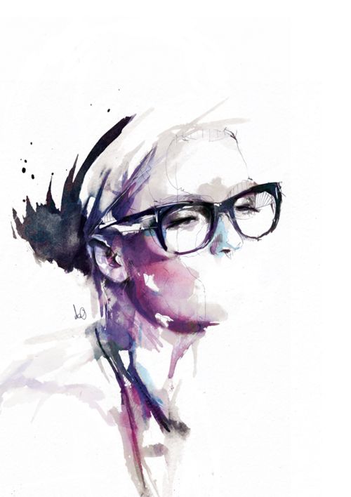 a watercolor painting of a woman wearing glasses