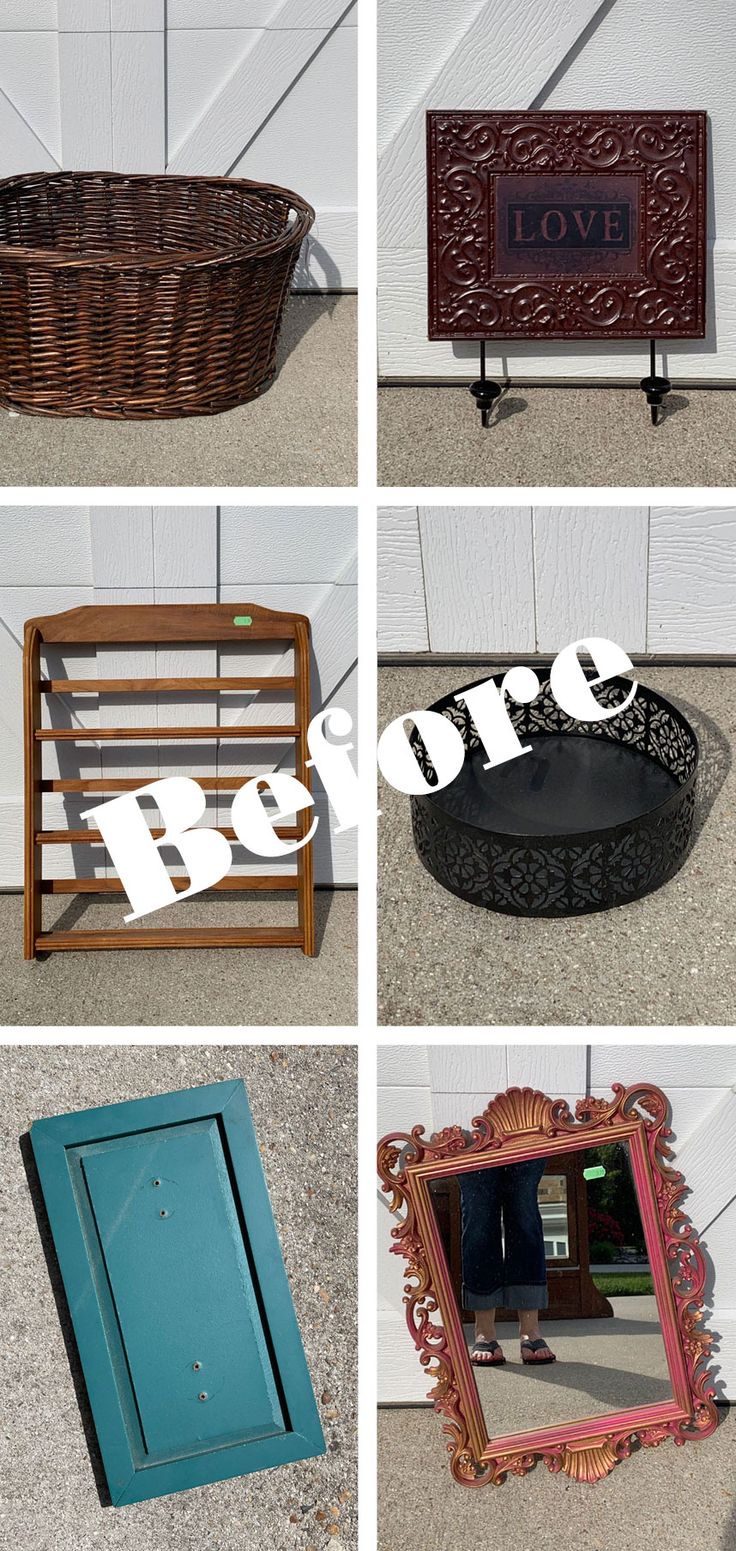 four different pictures with the words before and after painted on them, including a basket in front of a door