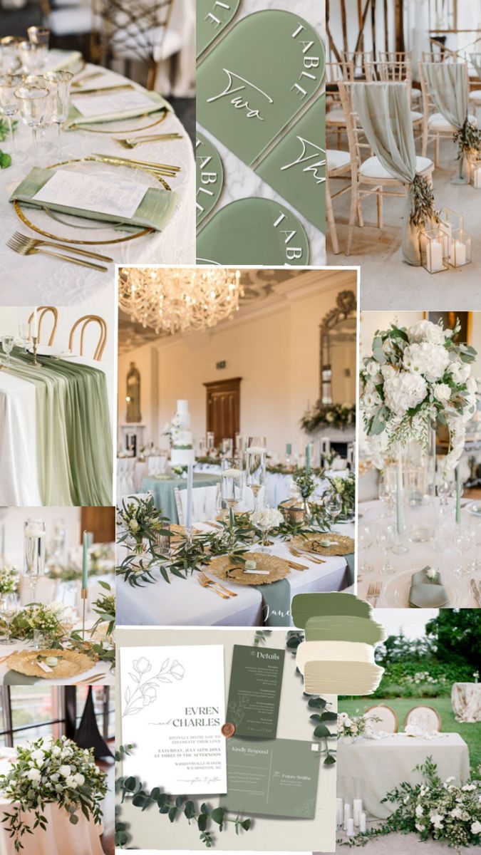 green and white wedding decor with greenery on the tables, chairs and table cloths