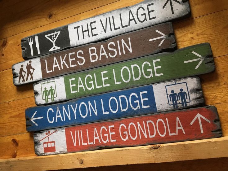 a wooden sign that says the village, lakes basin, eagle lodge, canyon lodge and village gondola