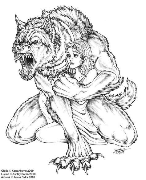 a drawing of a woman hugging a wolf with her head on the back of it