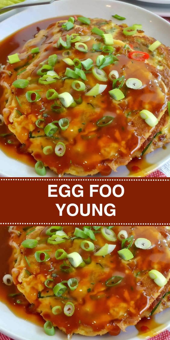 egg foo young with vegetables and sauce in a white bowl on a red checkered table cloth