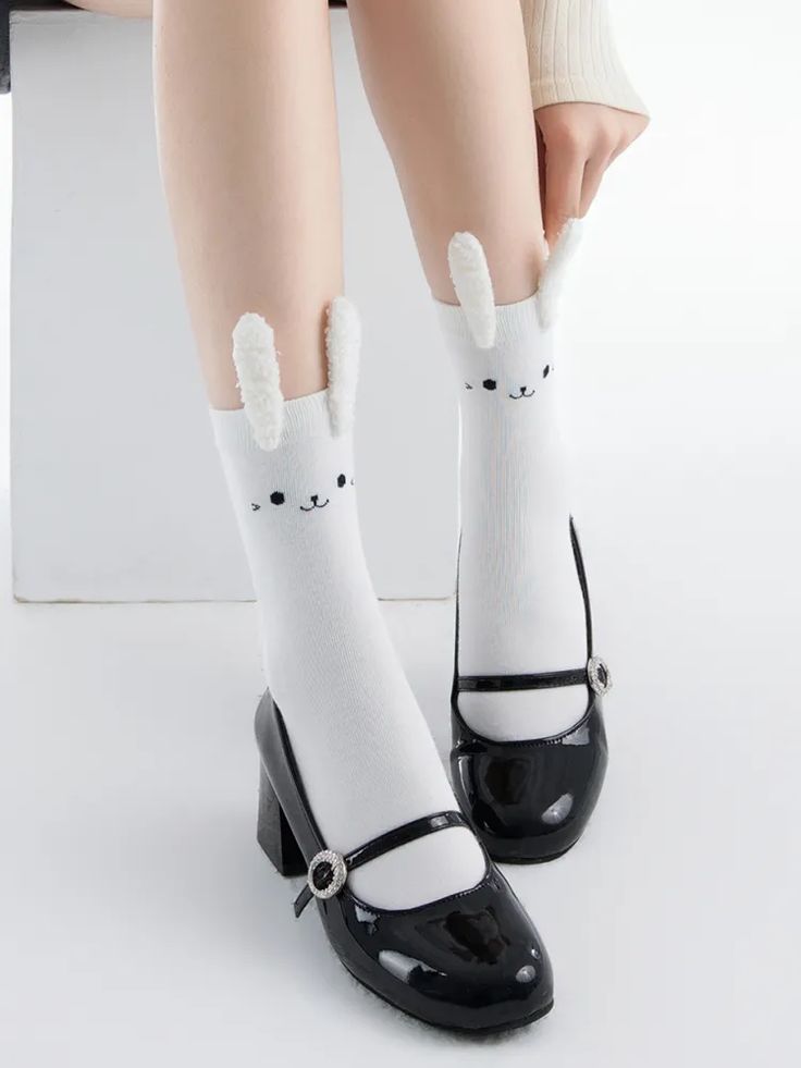 Black/White Cute Bunny Cotton Socks Cute Black Spring Socks, Cute Black Socks For Spring, Playful White Socks For Spring, Harajuku Black Socks For Spring, Black Harajuku Socks For Spring, Bunny Socks, Dark Kawaii, Calf Leg, Kawaii Socks