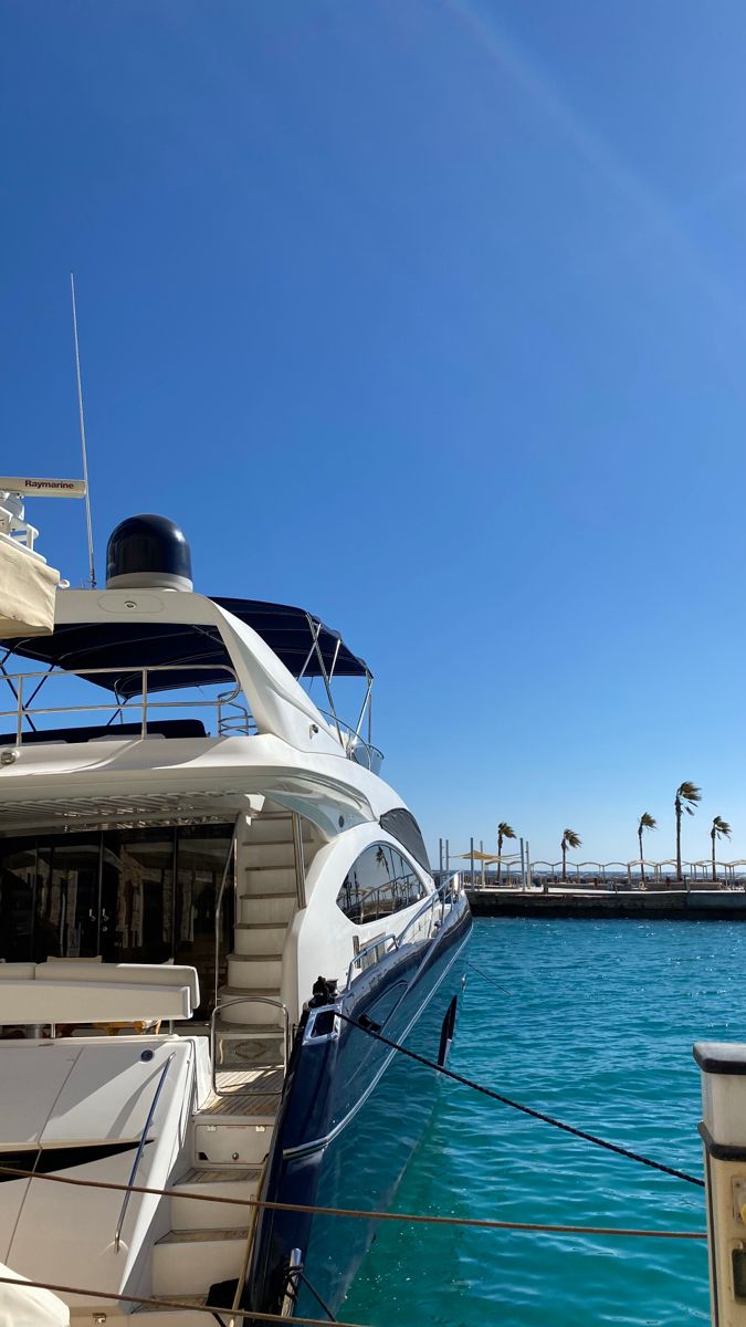 a boat docked at a dock with palm trees in the background and blue skies above