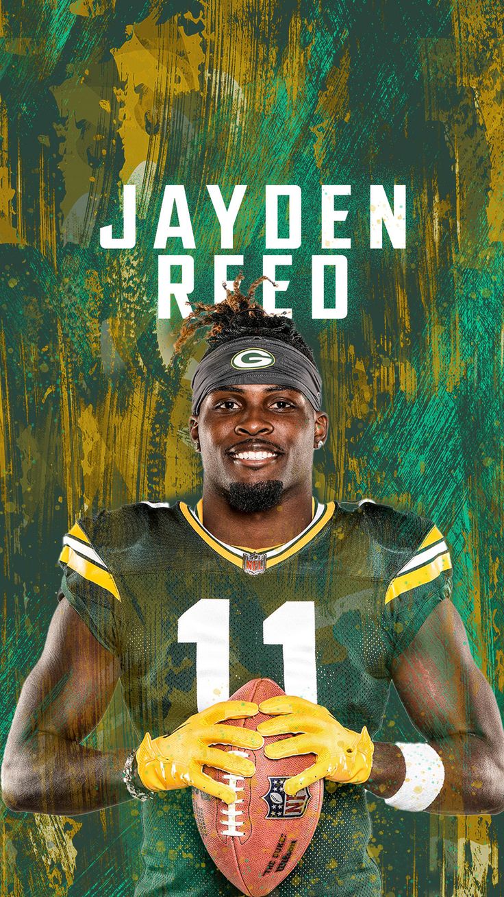 a football player holding a ball in front of a green and yellow background with the words jayden reed 11 on it