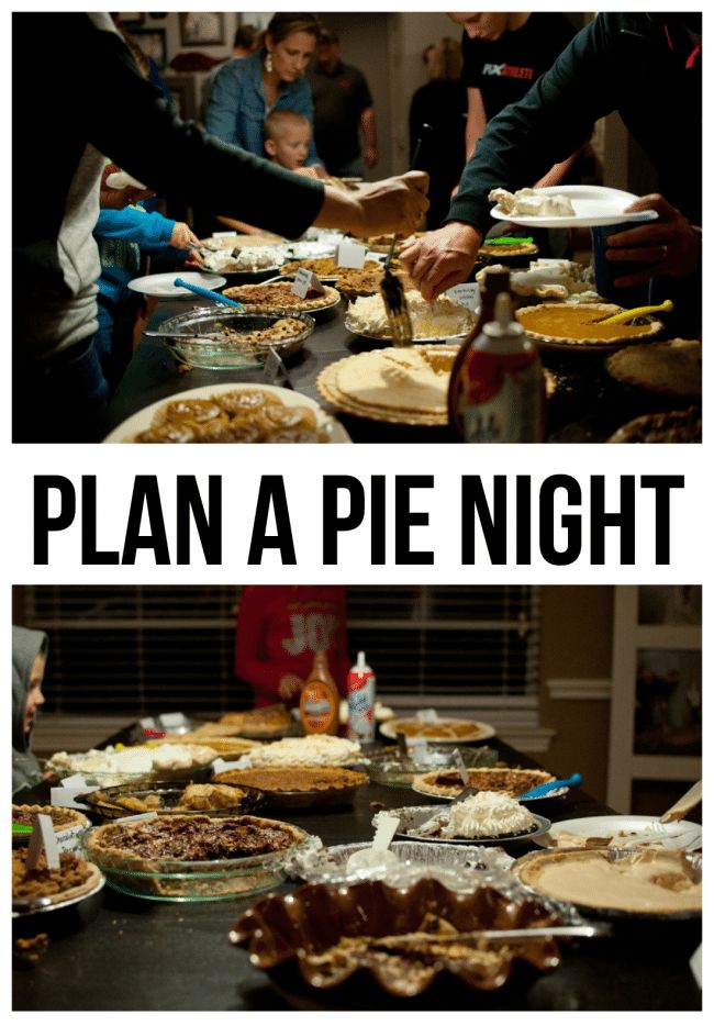 a table full of pies and pie dishes with the words plan a pie night