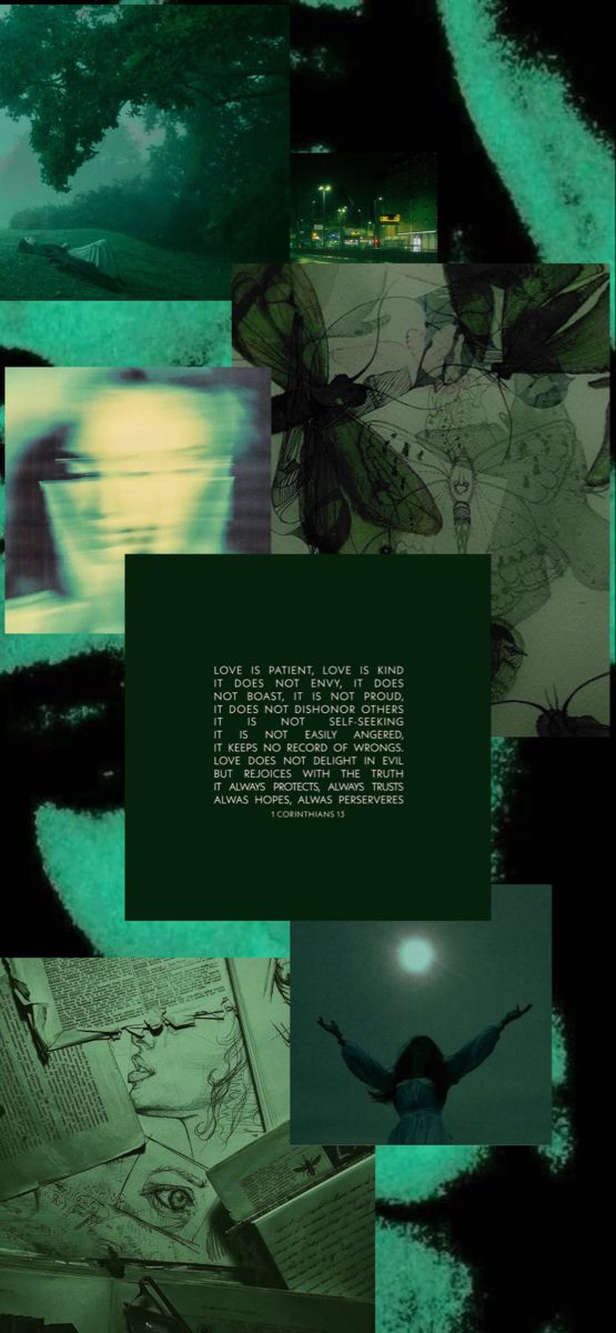 a collage of images with green and black colors, including an image of a woman's face