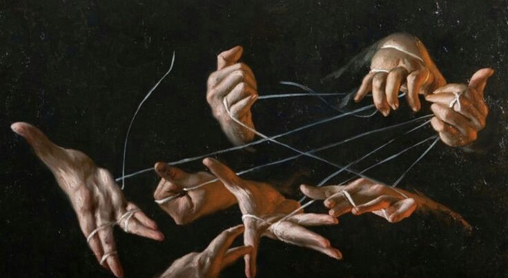 a painting of hands holding strings and pointing them at something