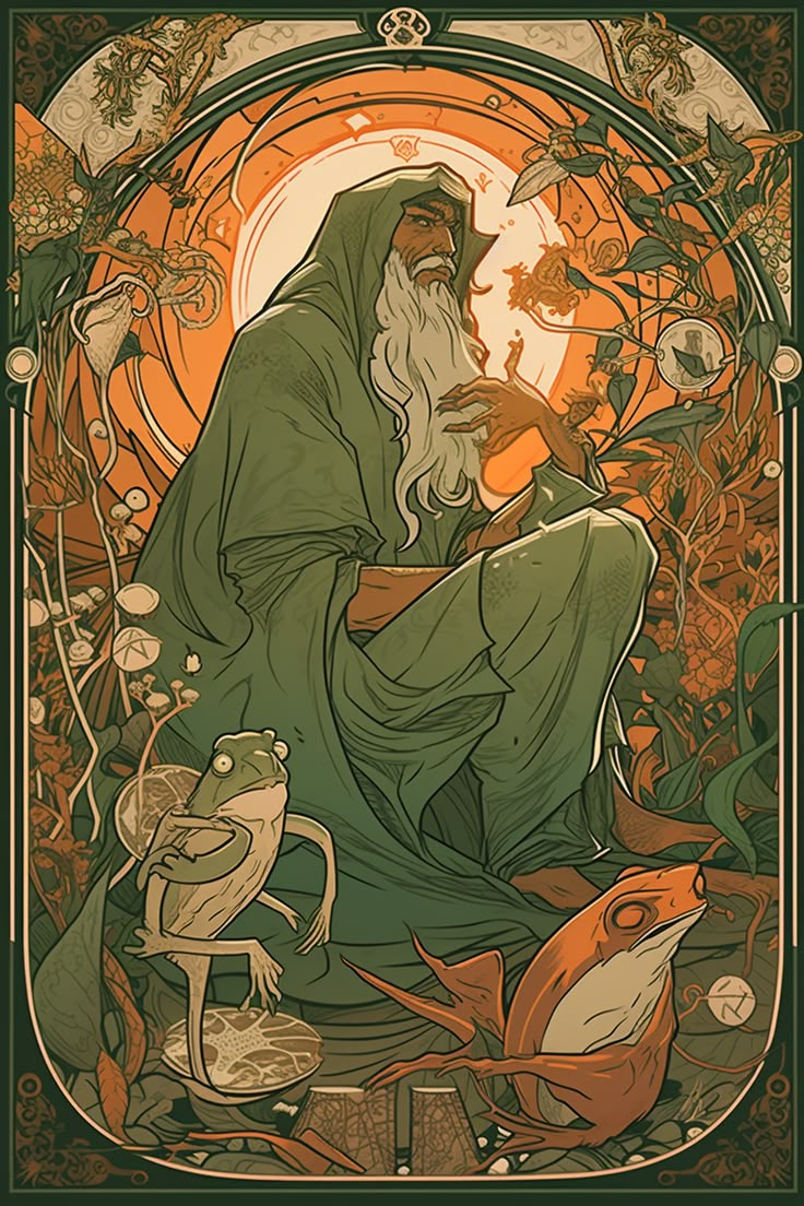 an illustration of a wizard sitting in the middle of a forest surrounded by plants and animals