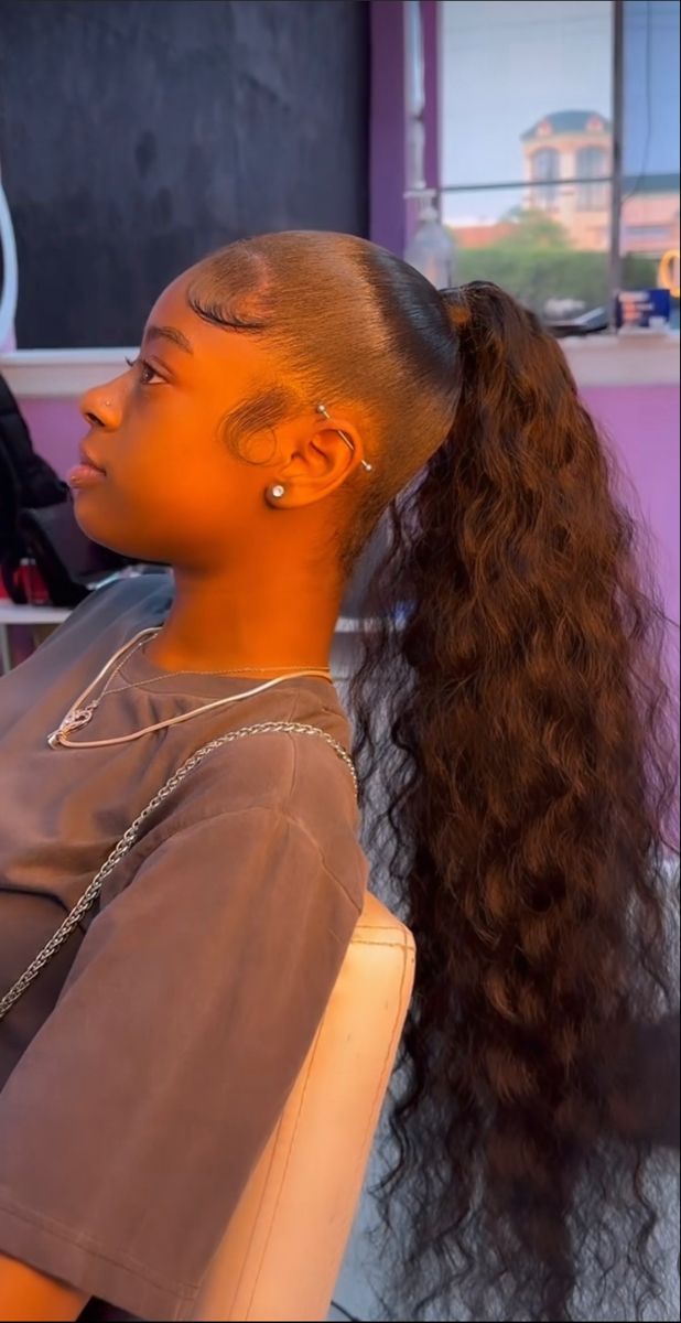 Middle Curly Ponytail Weave, Ponytail With Weave Curly, Slick Back Quick Weave, Cute Long Ponytails For Black Women, Ponytail With Bundles Black Women, Ponytails With Weave For Black Women, Ponytail Birthday Hairstyles, Body Wave High Ponytail, Two Weave Ponytail Hairstyles