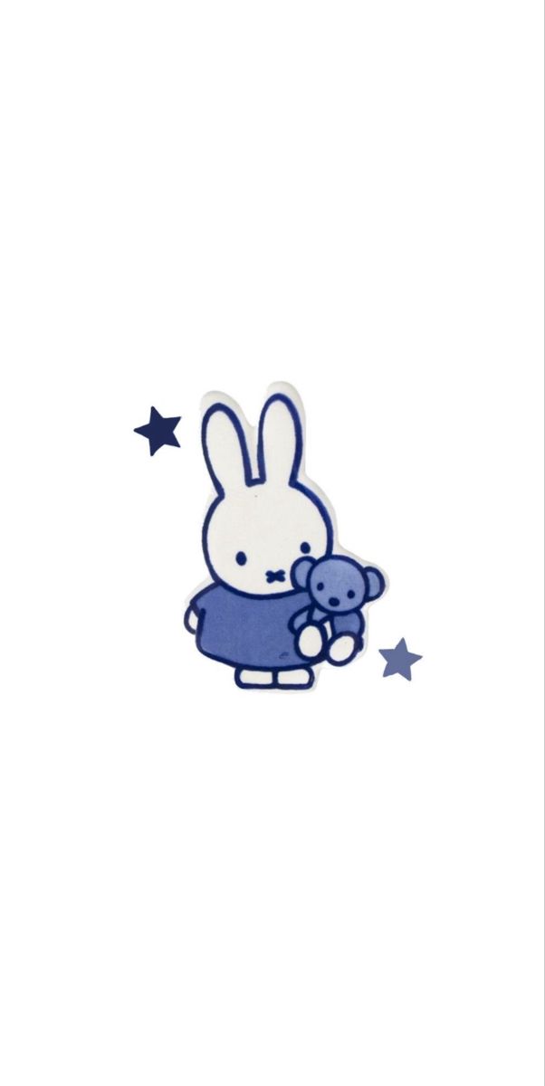 an image of a rabbit holding a teddy bear in the air with stars around it