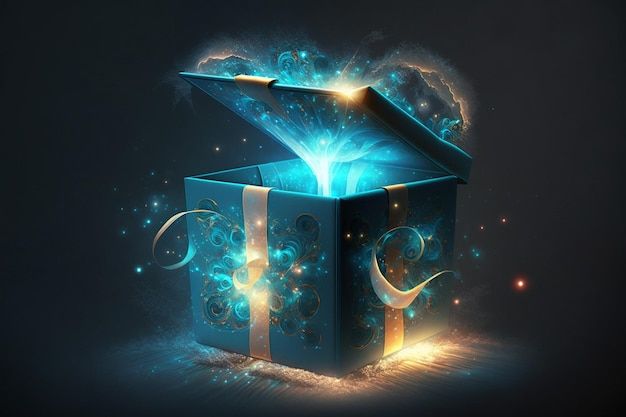 an open blue gift box on a dark background with stars and swirls around it