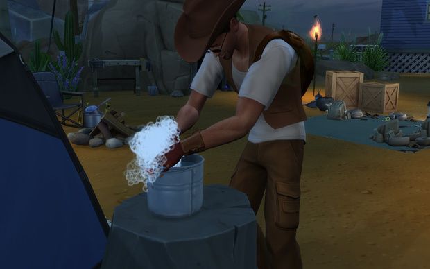 a man in a cowboy hat is pouring something into a bucket