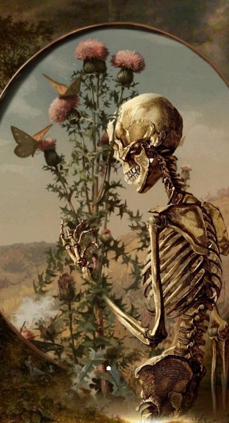 a painting of a skeleton holding a flower in its right hand and looking at it