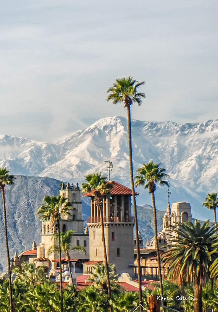 palm trees and mountains in the background with snow on top, as seen from across the valley