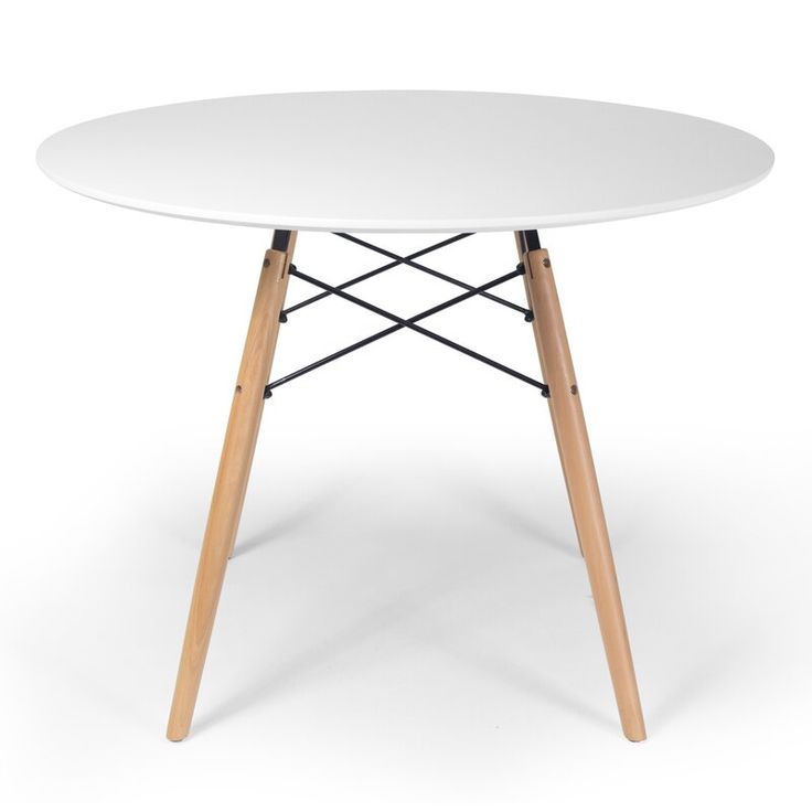 a white table with two wooden legs