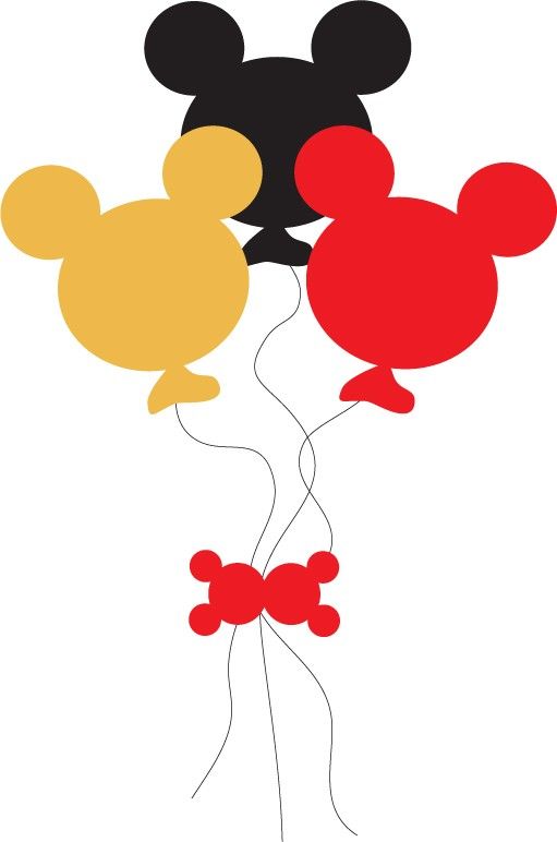 mickey and minnie mouse balloons with red, yellow, and black bows on the ears