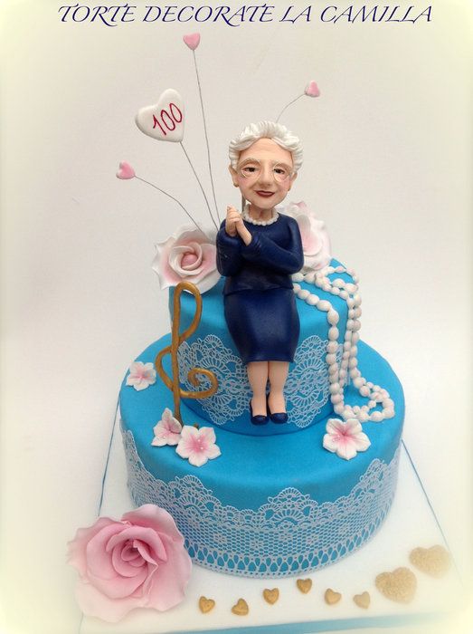 a birthday cake with a woman holding balloons