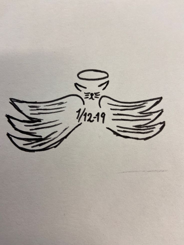 a drawing of an angel with the words srn on it's back side