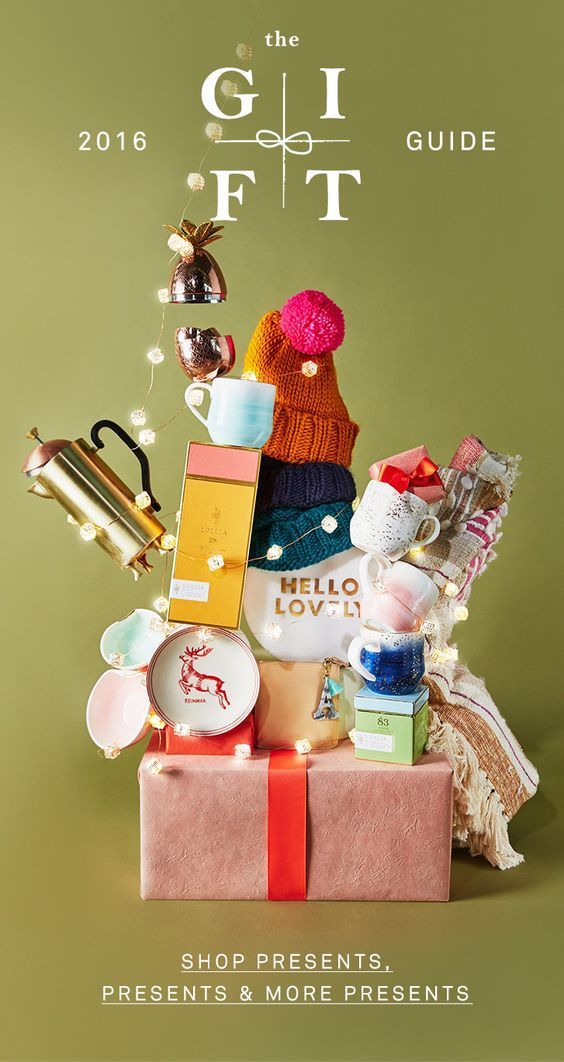 the gift guide is on display in front of a green background with presents and other items