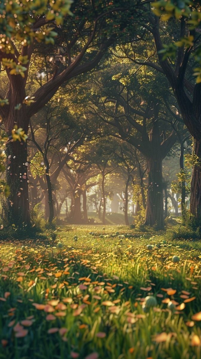 the sun shines through the trees and leaves on the ground in an open field