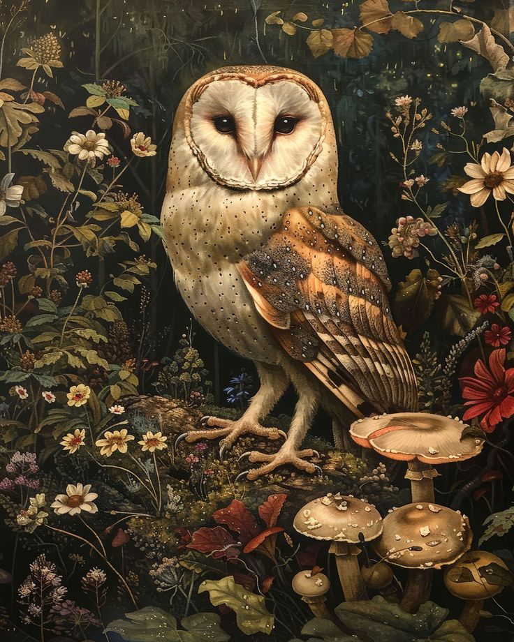 an owl sitting on top of a pile of mushrooms next to flowers and plants in a forest