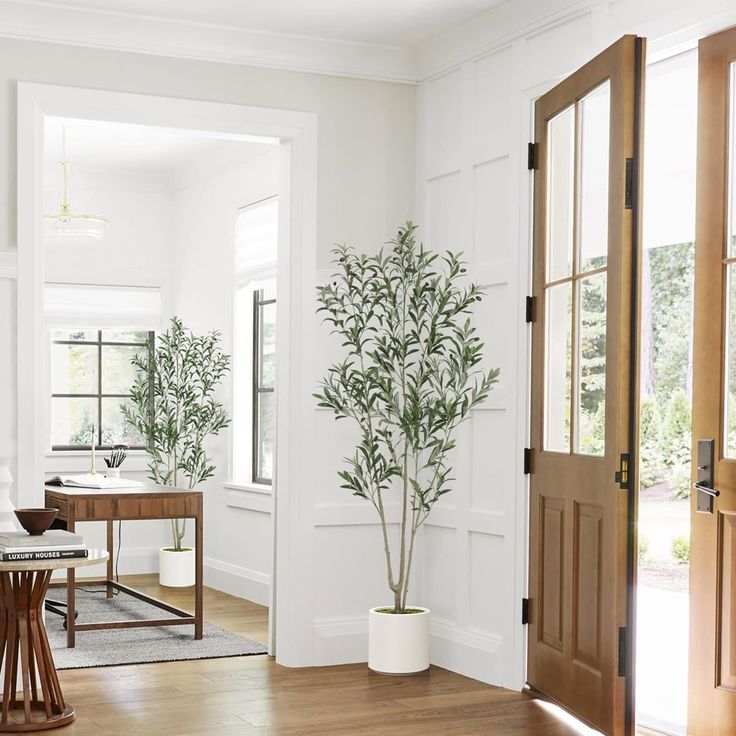 a living room filled with furniture and a potted plant next to a wooden table