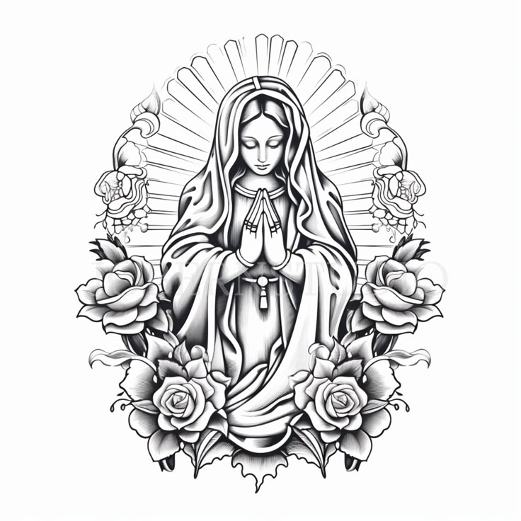 the virgin mary with roses and sunbursts in black ink on white paper