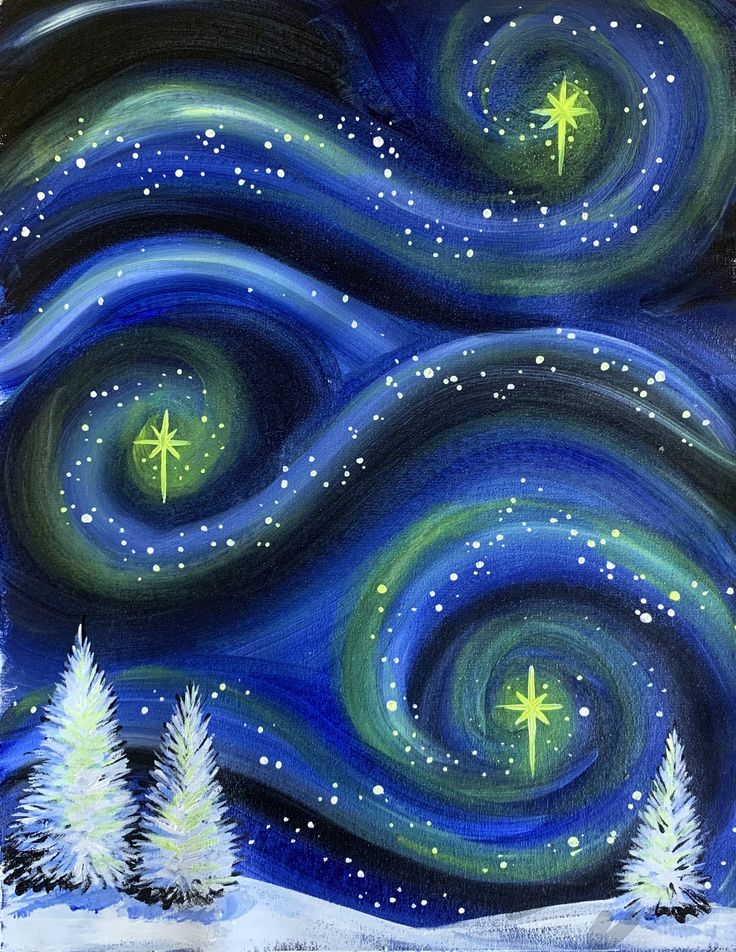 an acrylic painting of the night sky with stars and trees