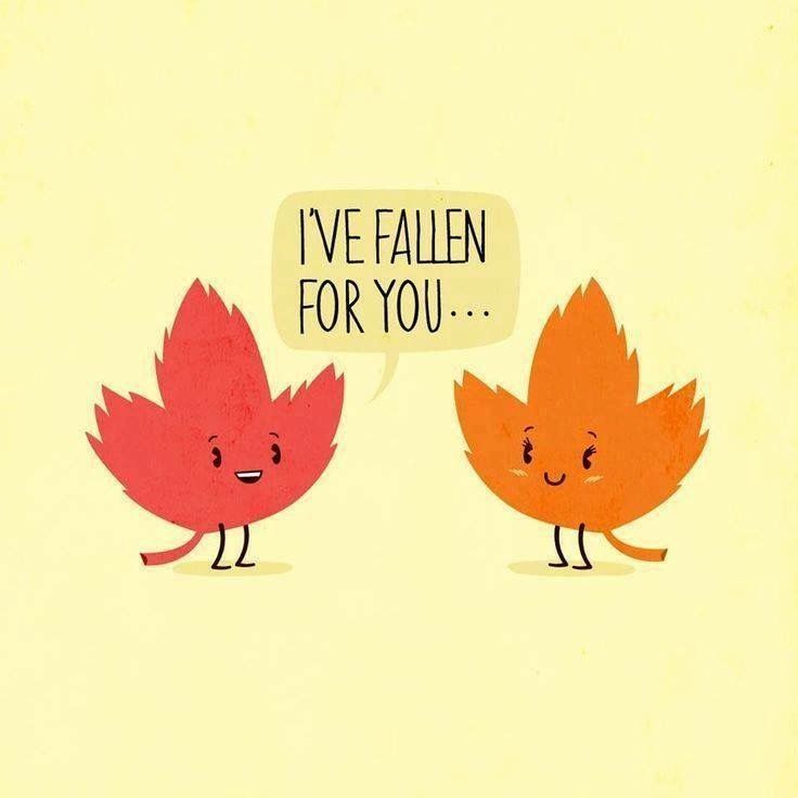 two cartoon leaves with one saying i've fallen for you