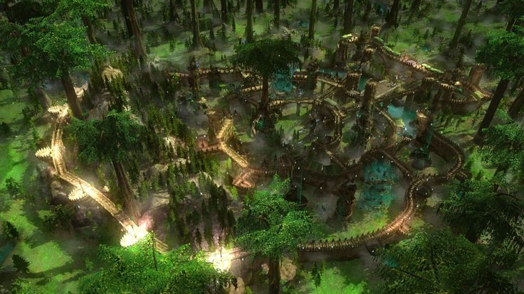 an aerial view of a forest with lots of trees and lights in the middle of it