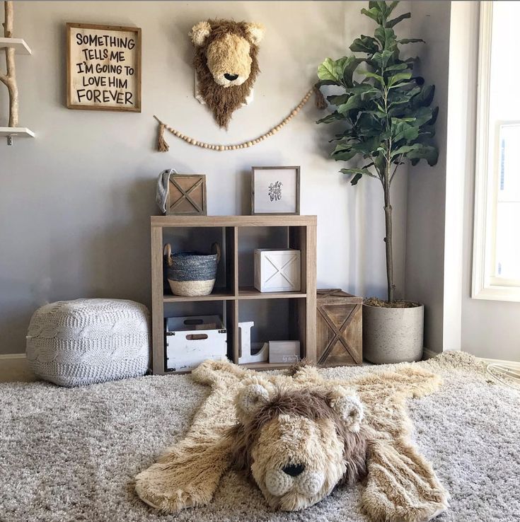 a teddy bear laying on the floor in front of a bookcase and wall decoration