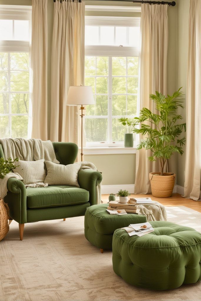 a living room filled with furniture and a window covered in white drapes, next to a green chair