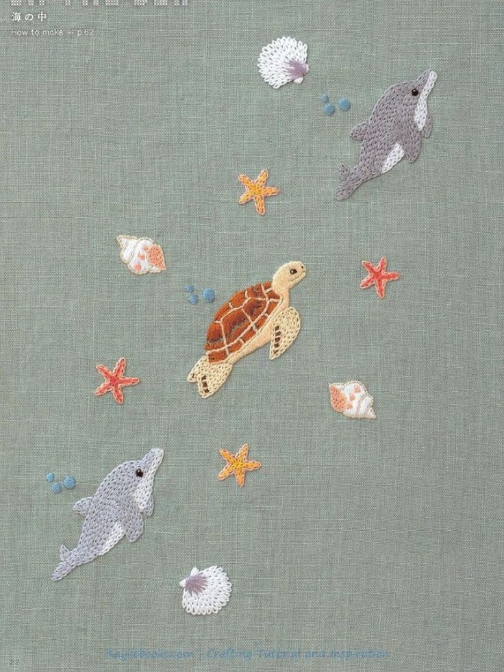 an image of sea animals in the ocean with starfishs and dolphins on them