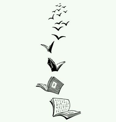 an open book flying through the air with birds coming out of it, vintage line drawing or engraving illustration