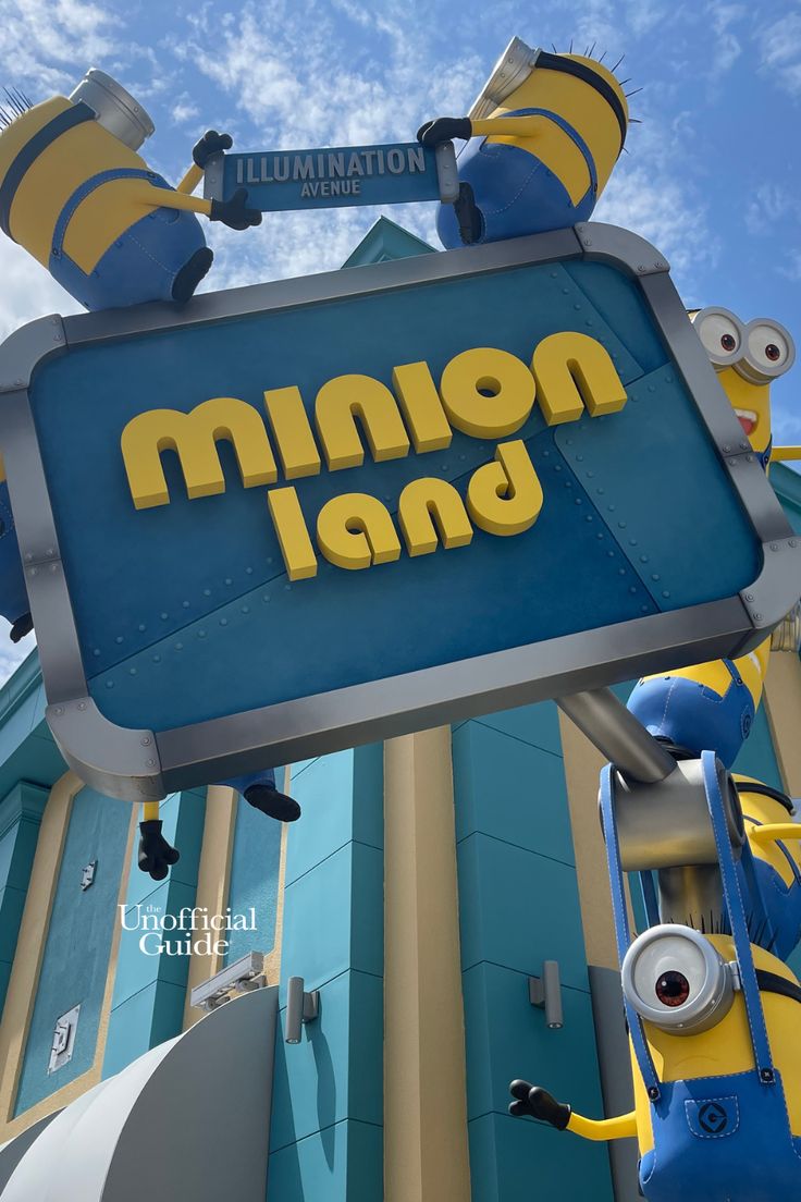 a sign that says minion land in front of a building