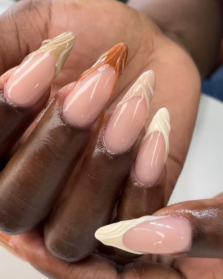 3D frenchies😍 Different shade of nudes🤎🖤💛🤍 PRICE: k700 Single colour French with 3d swirls k650 Nails done by @transformation.beautystudio Pamper yourself by booking an appointment with us For bookings contact us on +260972022050 or book online by clicking link in bio #acrylic nails #trendingchristmasnails2023 #lusakazambia #nails2inspire #swarovski #nailcontentcreator #nailsonfleek #instagram #frenchtips #reels #dailynails #smallbusinessmarketing #transformationbeautystudio #frenchtips... 3d Swirl Nail Designs, Almond Nails Designs For Fall, 3d Nail Designs Fall, Fall 3d Nails, Simple 3d Nails, 3d French Tip Nails, 3d Fall Nails, Fall Almond Nails Designs, Fall Nails 3d