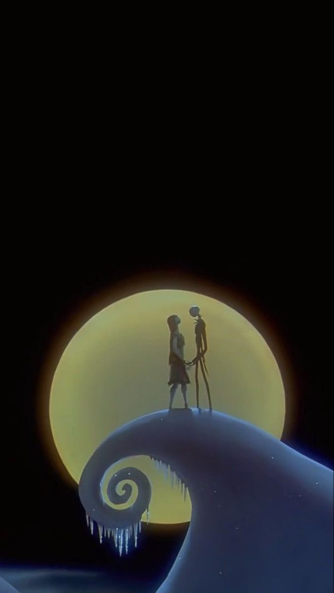 two people standing on top of a wave under a full moon with icicles hanging from it