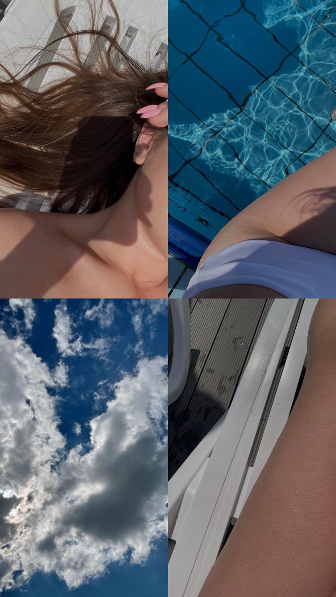 four different shots of the same person in a swimming pool, one with her hair blowing in the wind