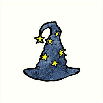 a wizard's hat with stars on it is drawn in blue and yellow ink