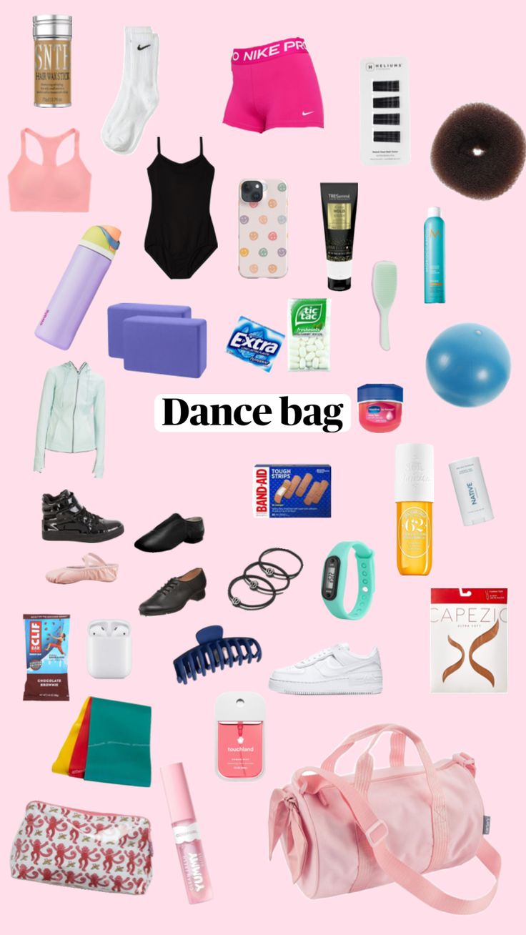 a pink background with various items and the words dance bag written in black on it